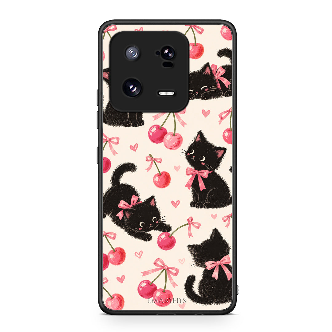 Θήκη Xiaomi 13 Pro Black Kittens and Cherries on Cream από τη Smartfits με σχέδιο στο πίσω μέρος και μαύρο περίβλημα | Xiaomi 13 Pro Black Kittens and Cherries on Cream case with colorful back and black bezels