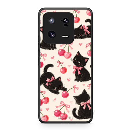 Θήκη Xiaomi 13 Pro Black Kittens and Cherries on Cream από τη Smartfits με σχέδιο στο πίσω μέρος και μαύρο περίβλημα | Xiaomi 13 Pro Black Kittens and Cherries on Cream case with colorful back and black bezels