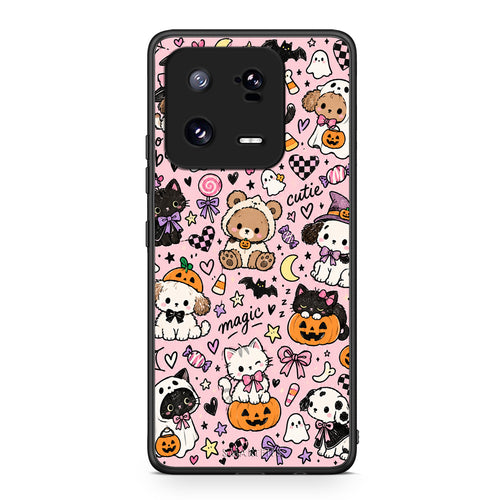 Θήκη Xiaomi 13 Pro Halloween Cute Animals on Pink από τη Smartfits με σχέδιο στο πίσω μέρος και μαύρο περίβλημα | Xiaomi 13 Pro Halloween Cute Animals on Pink case with colorful back and black bezels