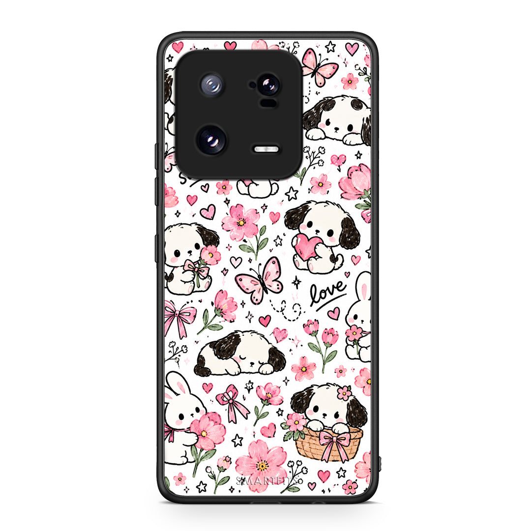 Θήκη Xiaomi 13 Pro Pink Florals Puppies and Bunnies on White από τη Smartfits με σχέδιο στο πίσω μέρος και μαύρο περίβλημα | Xiaomi 13 Pro Pink Florals Puppies and Bunnies on White case with colorful back and black bezels