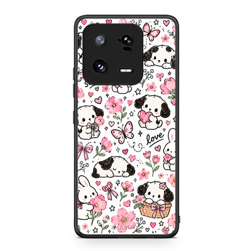 Θήκη Xiaomi 13 Pro Pink Florals Puppies and Bunnies on White από τη Smartfits με σχέδιο στο πίσω μέρος και μαύρο περίβλημα | Xiaomi 13 Pro Pink Florals Puppies and Bunnies on White case with colorful back and black bezels