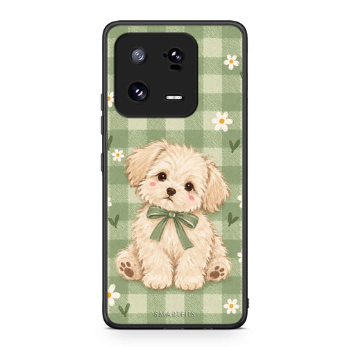Θήκη Xiaomi 13 Pro Puppy and Daisies on Sage Gingham από τη Smartfits με σχέδιο στο πίσω μέρος και μαύρο περίβλημα | Xiaomi 13 Pro Puppy and Daisies on Sage Gingham case with colorful back and black bezels