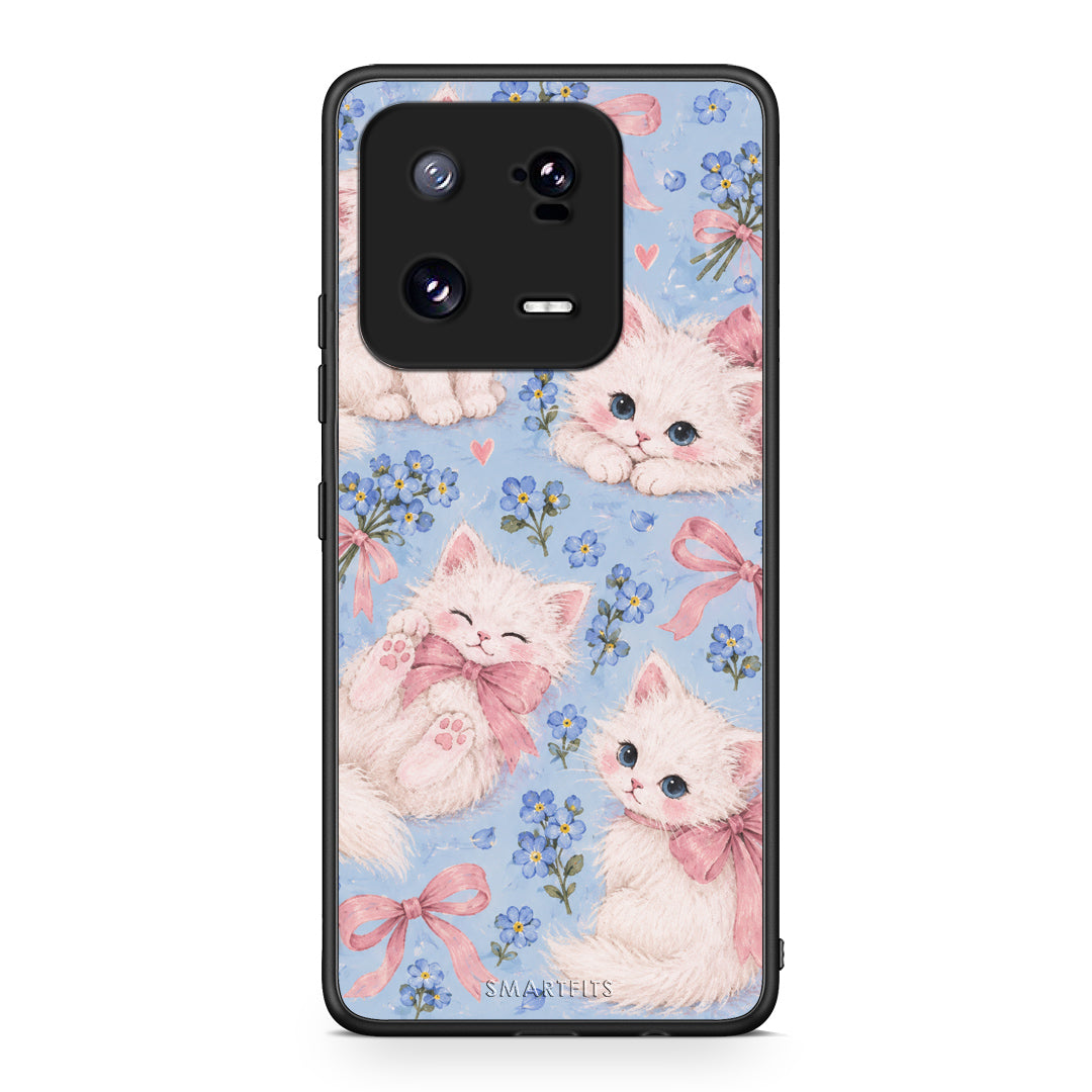 Θήκη Xiaomi 13 Pro White Kittens and Blue Flowers Large από τη Smartfits με σχέδιο στο πίσω μέρος και μαύρο περίβλημα | Xiaomi 13 Pro White Kittens and Blue Flowers Large case with colorful back and black bezels