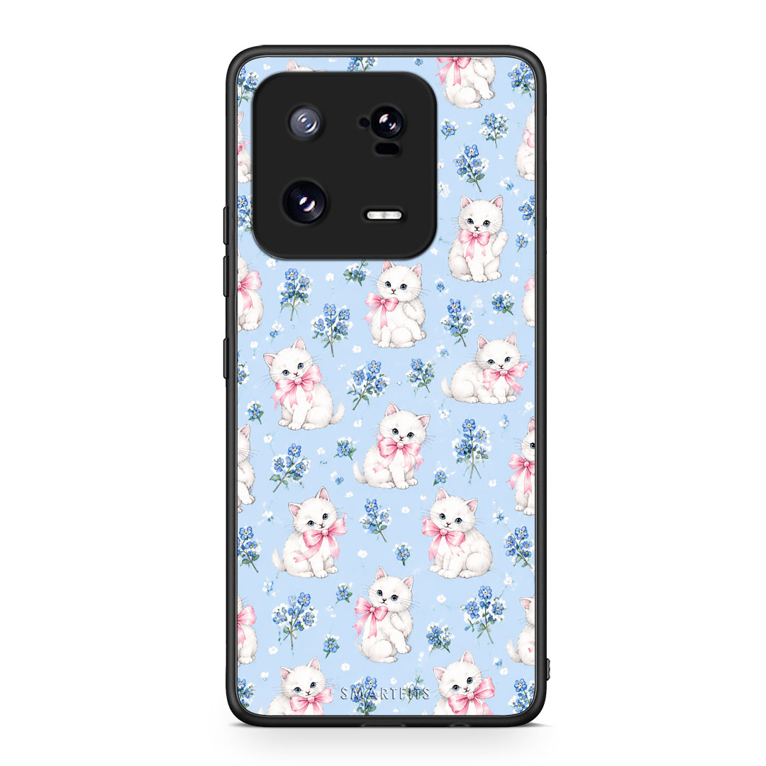 Θήκη Xiaomi 13 Pro White Kittens and Blue Flowers Small από τη Smartfits με σχέδιο στο πίσω μέρος και μαύρο περίβλημα | Xiaomi 13 Pro White Kittens and Blue Flowers Small case with colorful back and black bezels