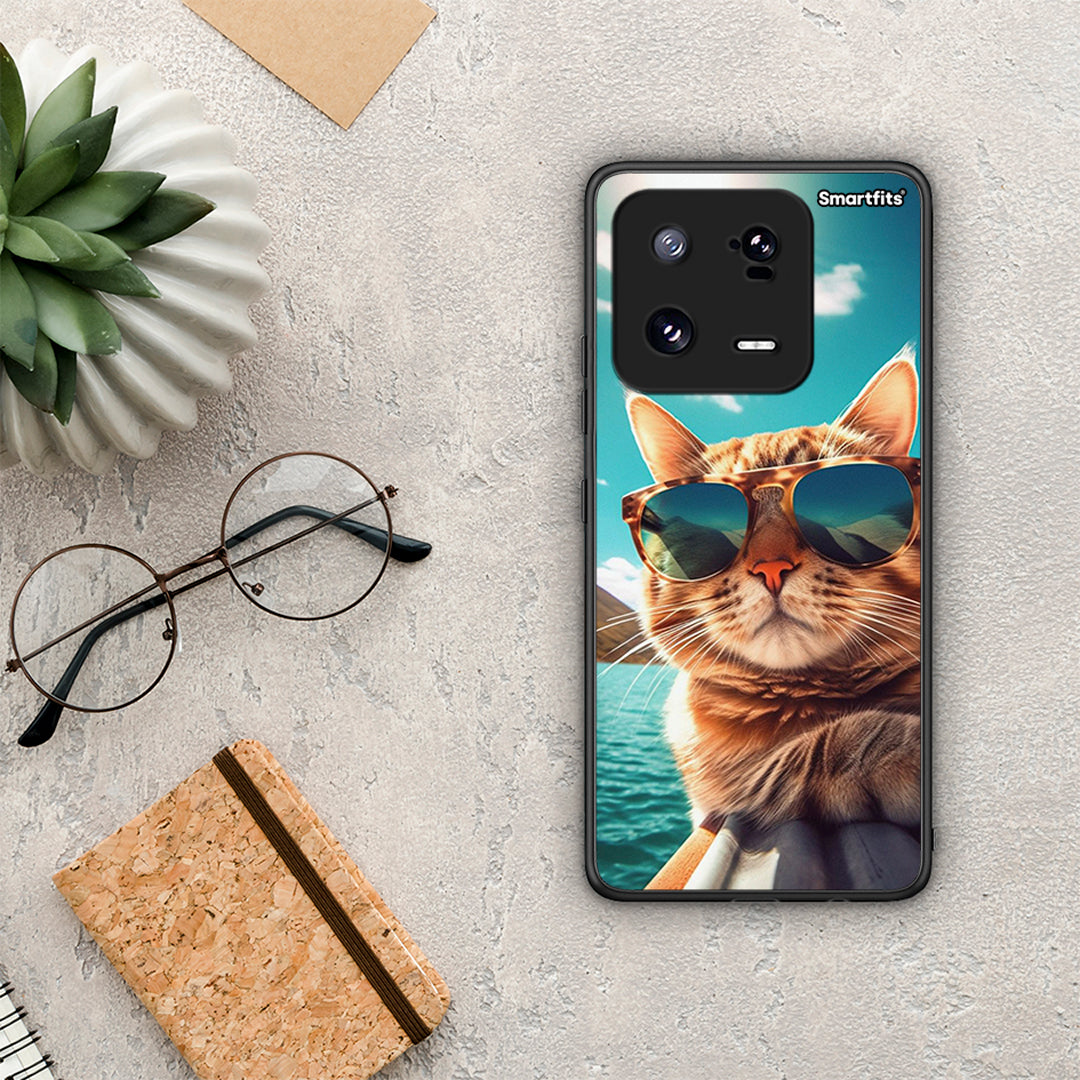 Θήκη Xiaomi 13 Summer Cat από τη Smartfits με σχέδιο στο πίσω μέρος και μαύρο περίβλημα | Xiaomi 13 Summer Cat Case with Colorful Back and Black Bezels