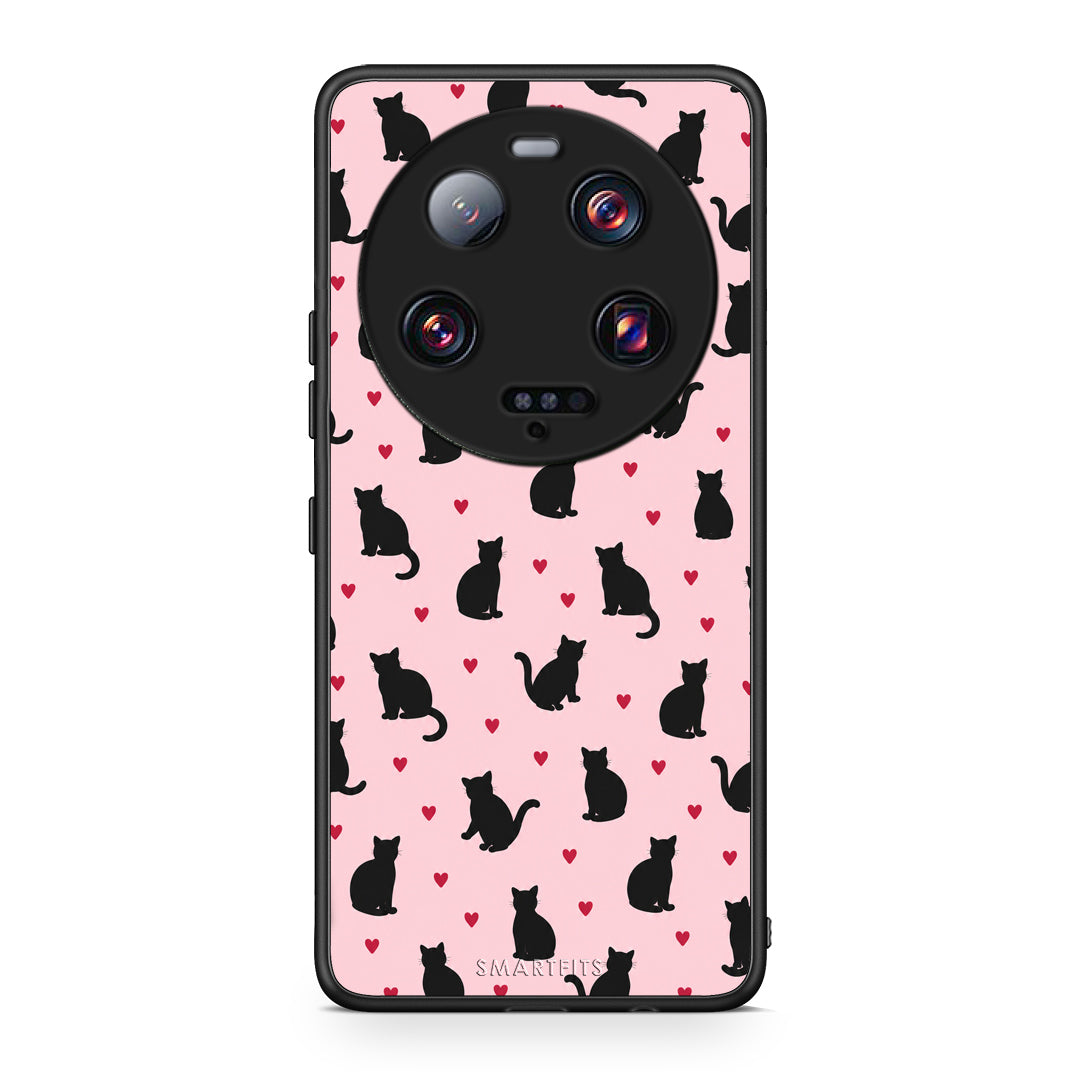 Θήκη Xiaomi 13 Ultra Black Cat Silhouettes and Hearts on Pink από τη Smartfits με σχέδιο στο πίσω μέρος και μαύρο περίβλημα | Xiaomi 13 Ultra Black Cat Silhouettes and Hearts on Pink case with colorful back and black bezels