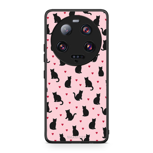 Θήκη Xiaomi 13 Ultra Black Cat Silhouettes and Hearts on Pink από τη Smartfits με σχέδιο στο πίσω μέρος και μαύρο περίβλημα | Xiaomi 13 Ultra Black Cat Silhouettes and Hearts on Pink case with colorful back and black bezels