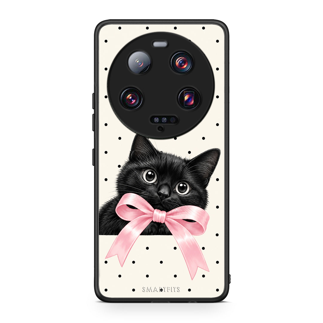 Θήκη Xiaomi 13 Ultra Black Kitten Pink Bow and Polka Dots από τη Smartfits με σχέδιο στο πίσω μέρος και μαύρο περίβλημα | Xiaomi 13 Ultra Black Kitten Pink Bow and Polka Dots case with colorful back and black bezels