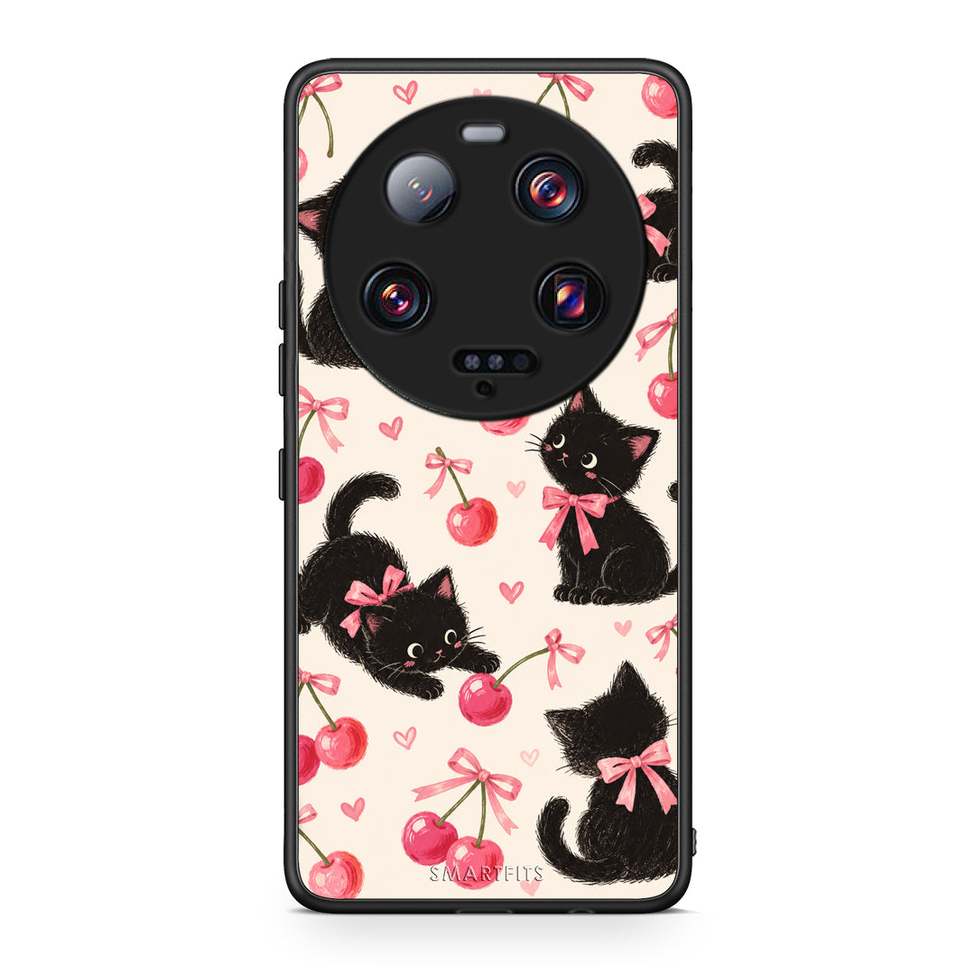 Θήκη Xiaomi 13 Ultra Black Kittens and Cherries on Cream από τη Smartfits με σχέδιο στο πίσω μέρος και μαύρο περίβλημα | Xiaomi 13 Ultra Black Kittens and Cherries on Cream case with colorful back and black bezels