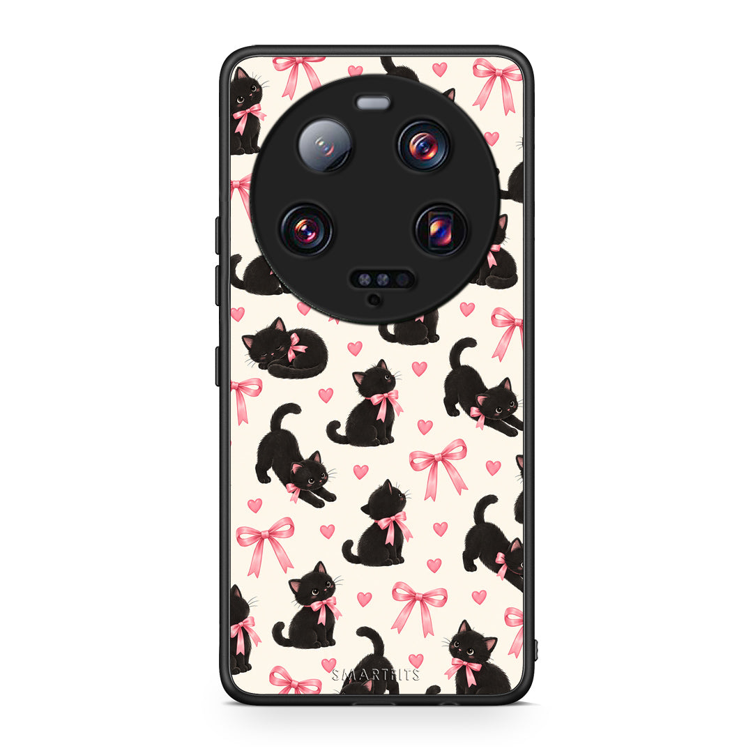 Θήκη Xiaomi 13 Ultra Black Kittens and Pink Bows on Cream Small από τη Smartfits με σχέδιο στο πίσω μέρος και μαύρο περίβλημα | Xiaomi 13 Ultra Black Kittens and Pink Bows on Cream Small case with colorful back and black bezels