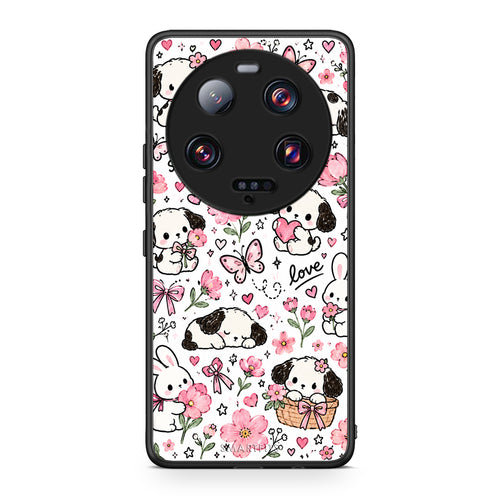 Θήκη Xiaomi 13 Ultra Pink Florals Puppies and Bunnies on White από τη Smartfits με σχέδιο στο πίσω μέρος και μαύρο περίβλημα | Xiaomi 13 Ultra Pink Florals Puppies and Bunnies on White case with colorful back and black bezels