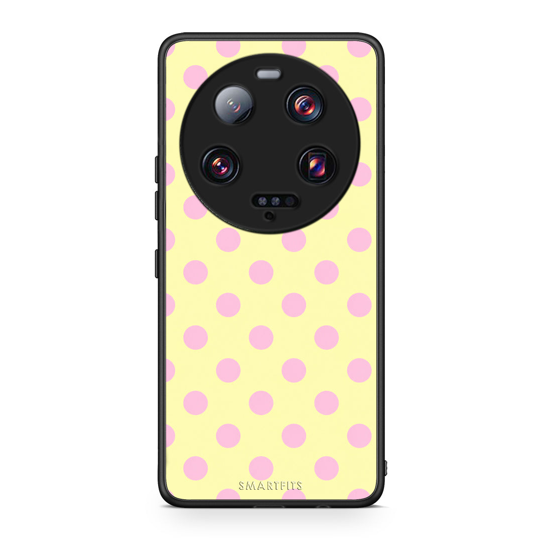 Θήκη Xiaomi 13 Ultra Pink Polka Dots on Yellow από τη Smartfits με σχέδιο στο πίσω μέρος και μαύρο περίβλημα | Xiaomi 13 Ultra Pink Polka Dots on Yellow case with colorful back and black bezels