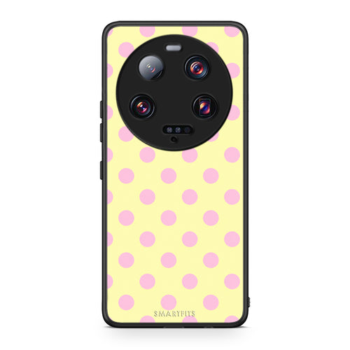 Θήκη Xiaomi 13 Ultra Pink Polka Dots on Yellow από τη Smartfits με σχέδιο στο πίσω μέρος και μαύρο περίβλημα | Xiaomi 13 Ultra Pink Polka Dots on Yellow case with colorful back and black bezels