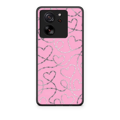 Θήκη Xiaomi 13T Barbed Wire Hearts on Pink από τη Smartfits με σχέδιο στο πίσω μέρος και μαύρο περίβλημα | Xiaomi 13T Barbed Wire Hearts on Pink case with colorful back and black bezels