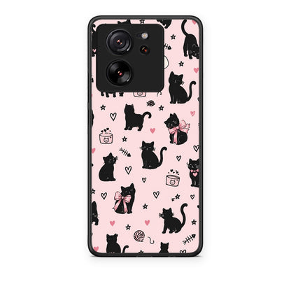 Θήκη Xiaomi 13T Black Cat Doodles on Pink από τη Smartfits με σχέδιο στο πίσω μέρος και μαύρο περίβλημα | Xiaomi 13T Black Cat Doodles on Pink case with colorful back and black bezels