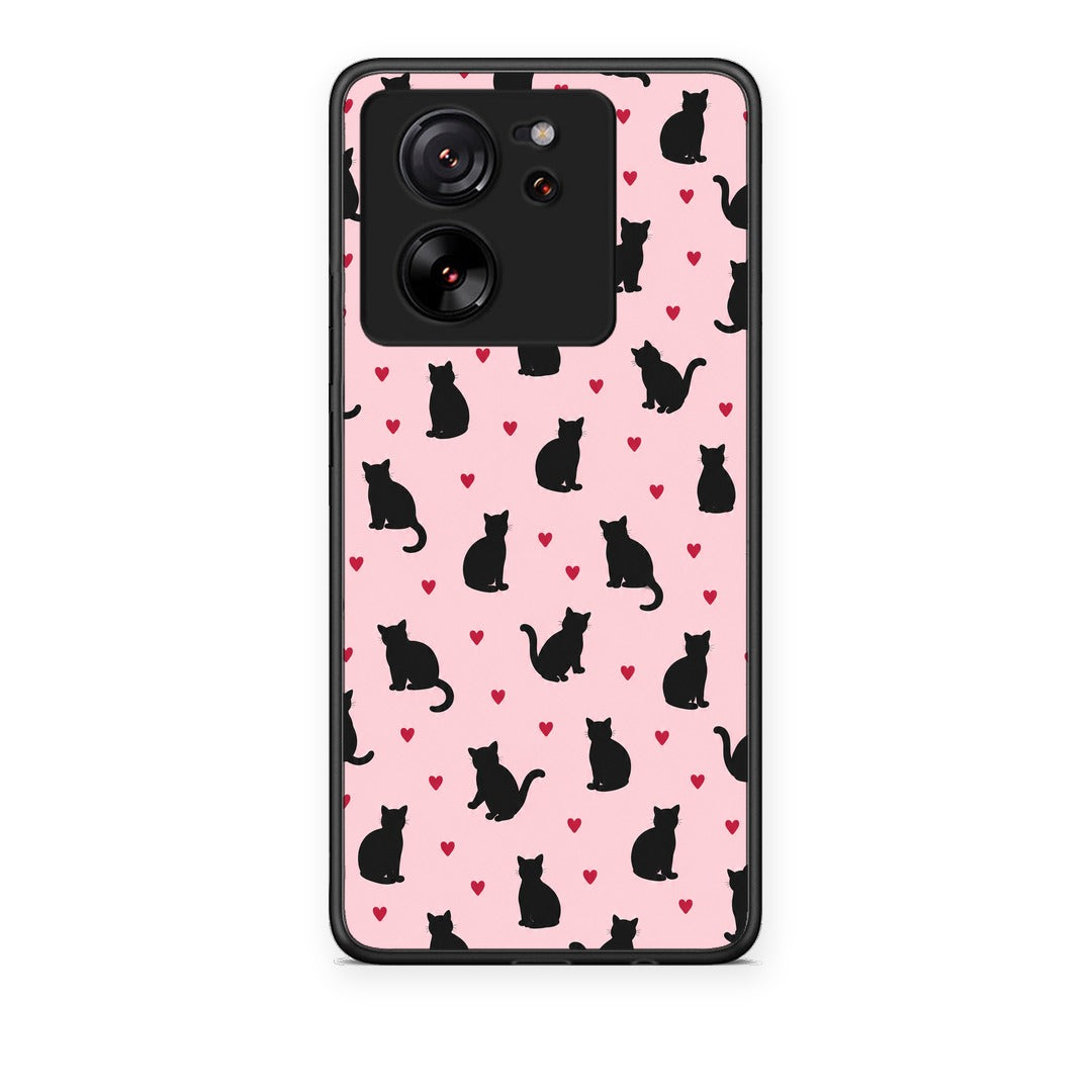 Θήκη Xiaomi 13T Black Cat Silhouettes and Hearts on Pink από τη Smartfits με σχέδιο στο πίσω μέρος και μαύρο περίβλημα | Xiaomi 13T Black Cat Silhouettes and Hearts on Pink case with colorful back and black bezels
