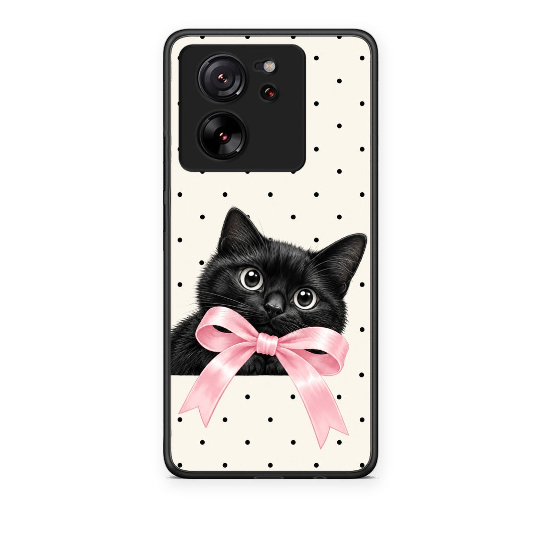 Θήκη Xiaomi 13T Black Kitten Pink Bow and Polka Dots από τη Smartfits με σχέδιο στο πίσω μέρος και μαύρο περίβλημα | Xiaomi 13T Black Kitten Pink Bow and Polka Dots case with colorful back and black bezels
