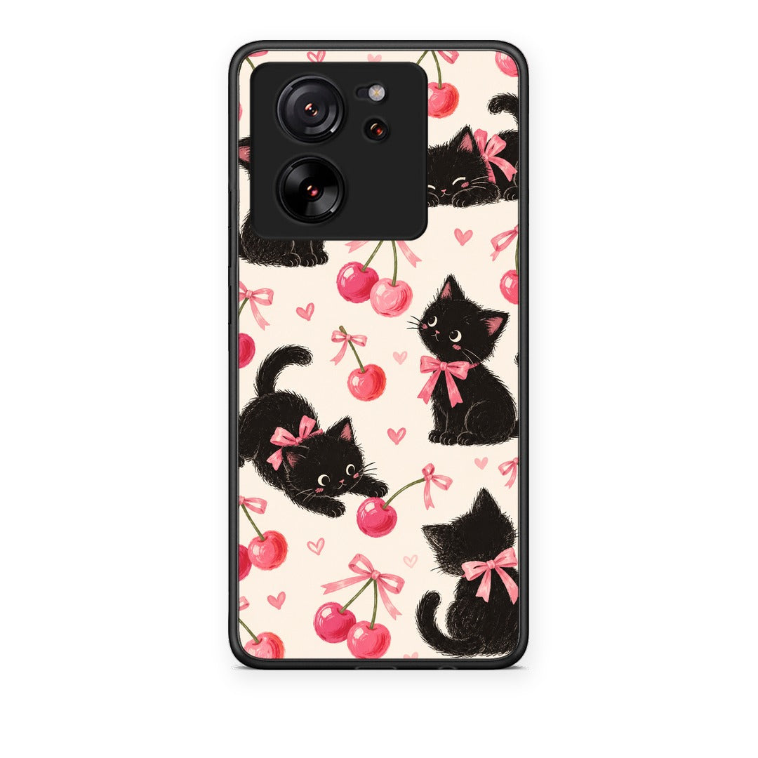 Θήκη Xiaomi 13T Black Kittens and Cherries on Cream από τη Smartfits με σχέδιο στο πίσω μέρος και μαύρο περίβλημα | Xiaomi 13T Black Kittens and Cherries on Cream case with colorful back and black bezels