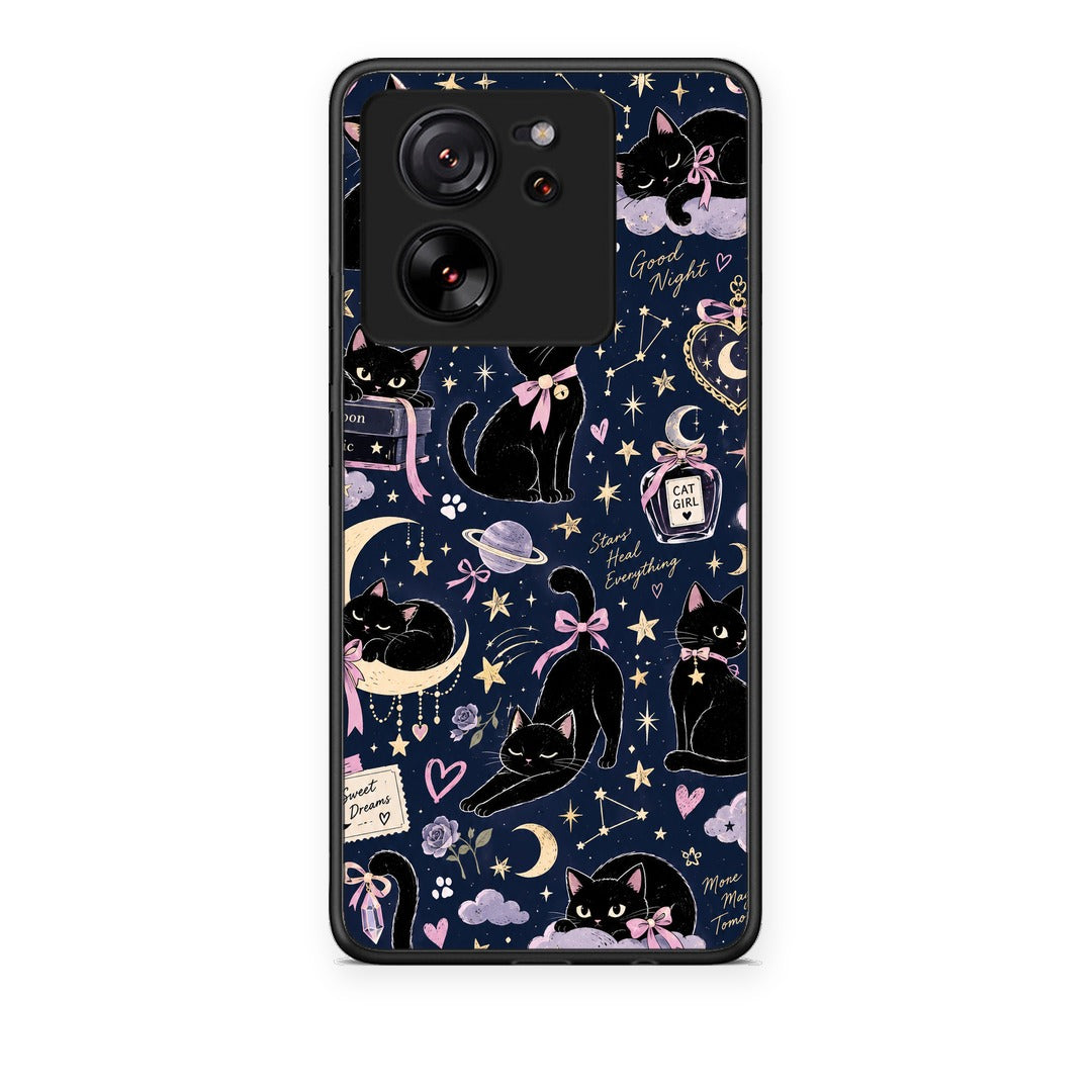 Θήκη Xiaomi 13T Celestial Black Cats on Navy από τη Smartfits με σχέδιο στο πίσω μέρος και μαύρο περίβλημα | Xiaomi 13T Celestial Black Cats on Navy case with colorful back and black bezels