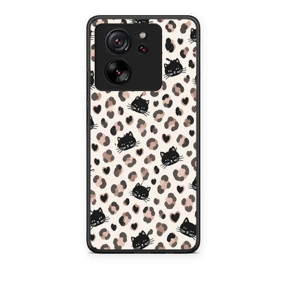 Θήκη Xiaomi 13T Leopard Spots and Black Cats on Cream από τη Smartfits με σχέδιο στο πίσω μέρος και μαύρο περίβλημα | Xiaomi 13T Leopard Spots and Black Cats on Cream case with colorful back and black bezels