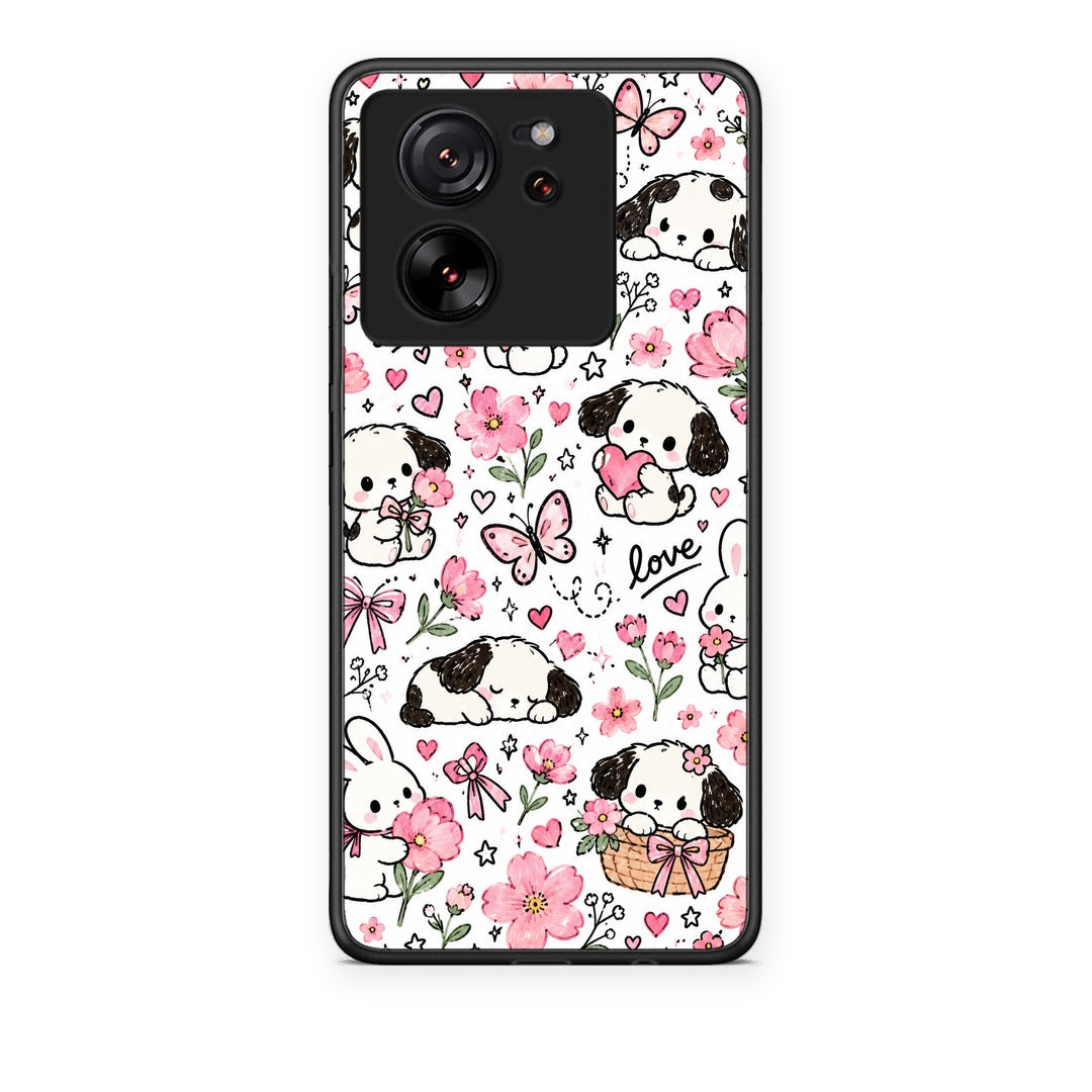 Θήκη Xiaomi 13T Pink Florals Puppies and Bunnies on White από τη Smartfits με σχέδιο στο πίσω μέρος και μαύρο περίβλημα | Xiaomi 13T Pink Florals Puppies and Bunnies on White case with colorful back and black bezels