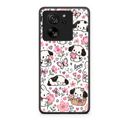 Θήκη Xiaomi 13T Pink Florals Puppies and Bunnies on White από τη Smartfits με σχέδιο στο πίσω μέρος και μαύρο περίβλημα | Xiaomi 13T Pink Florals Puppies and Bunnies on White case with colorful back and black bezels