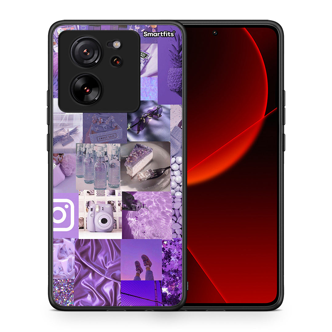 Θήκη Xiaomi 13T Purple Aesthetic Collage από τη Smartfits με σχέδιο στο πίσω μέρος και μαύρο περίβλημα | Xiaomi 13T Purple Aesthetic Collage case with colorful back and black bezels