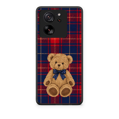 Θήκη Xiaomi 13T Teddy Bear on Red and Navy Tartan από τη Smartfits με σχέδιο στο πίσω μέρος και μαύρο περίβλημα | Xiaomi 13T Teddy Bear on Red and Navy Tartan case with colorful back and black bezels