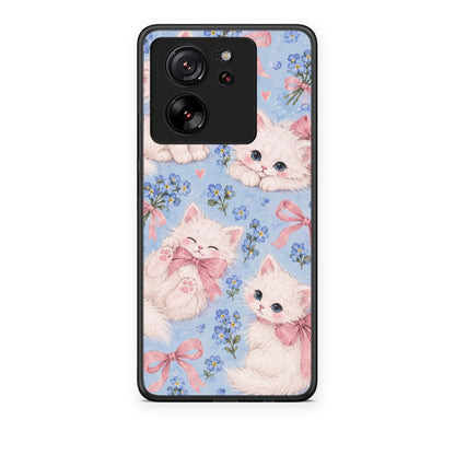 Θήκη Xiaomi 13T White Kittens and Blue Flowers Large από τη Smartfits με σχέδιο στο πίσω μέρος και μαύρο περίβλημα | Xiaomi 13T White Kittens and Blue Flowers Large case with colorful back and black bezels