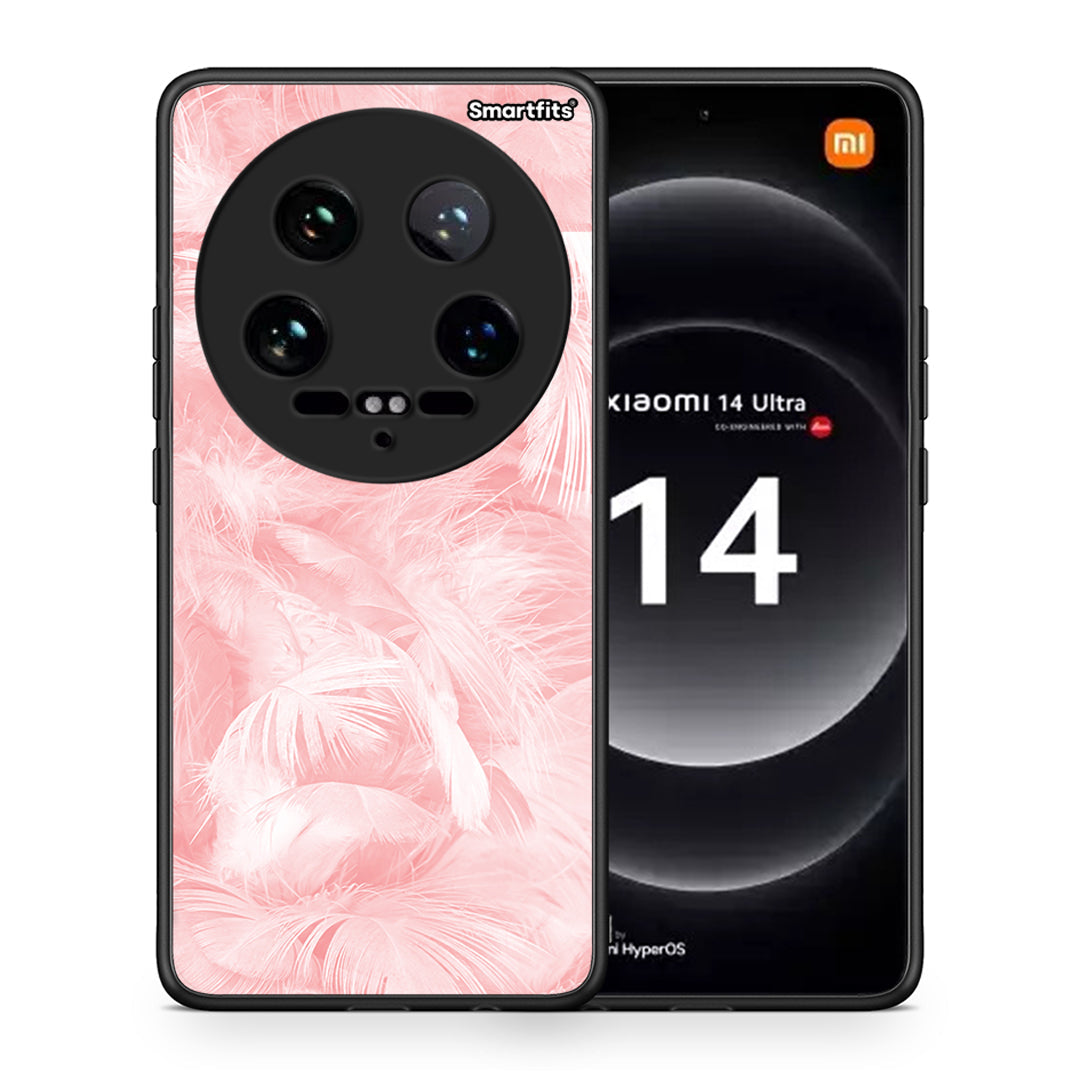 Θήκη Xiaomi 14 Ultra Pink Feather Boho από τη Smartfits με σχέδιο στο πίσω μέρος και μαύρο περίβλημα | Xiaomi 14 Ultra Pink Feather Boho case with colorful back and black bezels
