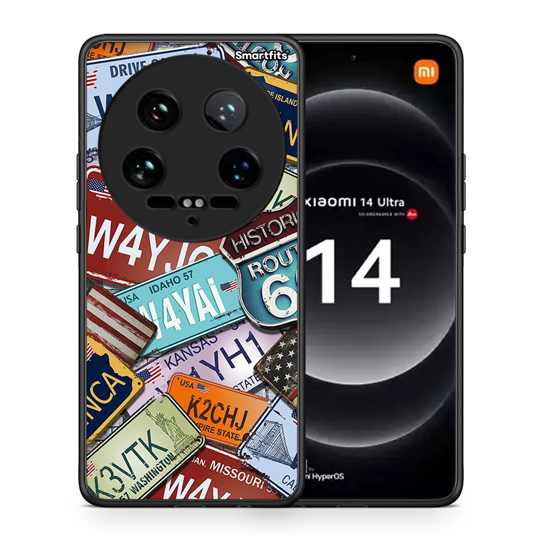 Θήκη Xiaomi 14 Ultra Car Plates από τη Smartfits με σχέδιο στο πίσω μέρος και μαύρο περίβλημα | Xiaomi 14 Ultra Car Plates case with colorful back and black bezels