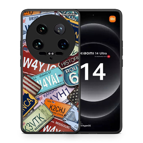 Θήκη Xiaomi 14 Ultra Car Plates από τη Smartfits με σχέδιο στο πίσω μέρος και μαύρο περίβλημα | Xiaomi 14 Ultra Car Plates case with colorful back and black bezels