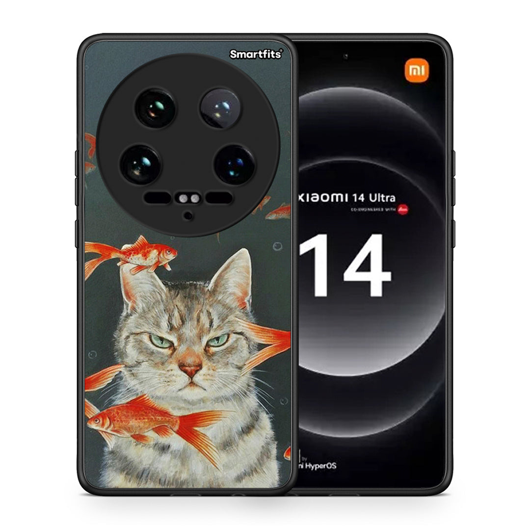 Θήκη Xiaomi 14 Ultra Cat Goldfish από τη Smartfits με σχέδιο στο πίσω μέρος και μαύρο περίβλημα | Xiaomi 14 Ultra Cat Goldfish case with colorful back and black bezels