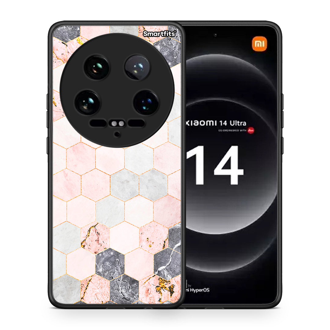 Θήκη Xiaomi 14 Ultra Hexagon Pink Marble από τη Smartfits με σχέδιο στο πίσω μέρος και μαύρο περίβλημα | Xiaomi 14 Ultra Hexagon Pink Marble case with colorful back and black bezels