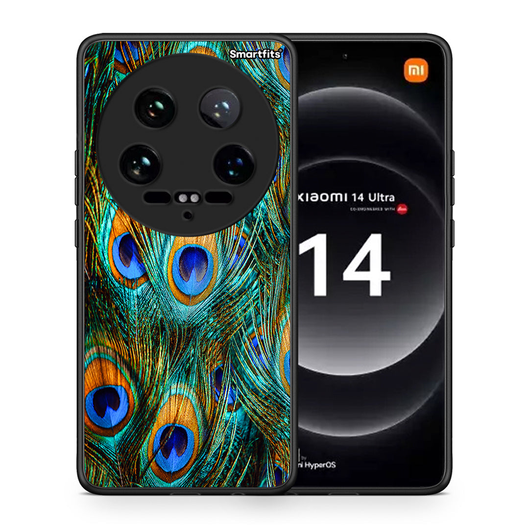 Θήκη Xiaomi 14 Ultra Real Peacock Feathers από τη Smartfits με σχέδιο στο πίσω μέρος και μαύρο περίβλημα | Xiaomi 14 Ultra Real Peacock Feathers case with colorful back and black bezels