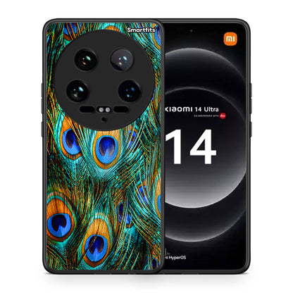 Θήκη Xiaomi 14 Ultra Real Peacock Feathers από τη Smartfits με σχέδιο στο πίσω μέρος και μαύρο περίβλημα | Xiaomi 14 Ultra Real Peacock Feathers case with colorful back and black bezels