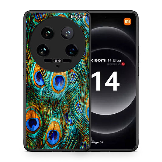Θήκη Xiaomi 14 Ultra Real Peacock Feathers από τη Smartfits με σχέδιο στο πίσω μέρος και μαύρο περίβλημα | Xiaomi 14 Ultra Real Peacock Feathers case with colorful back and black bezels
