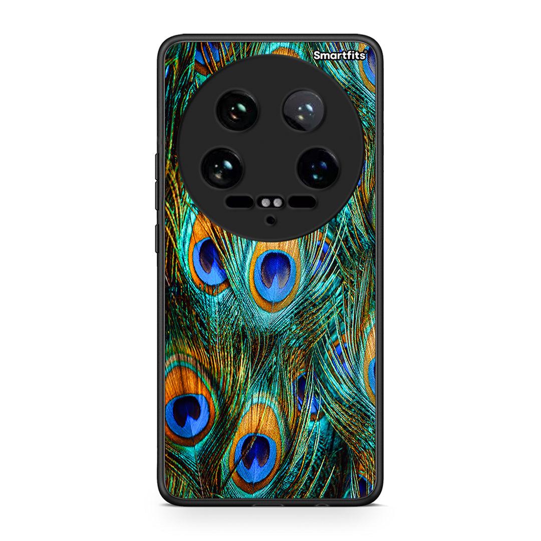 Xiaomi 14 Ultra Real Peacock Feathers θήκη από τη Smartfits με σχέδιο στο πίσω μέρος και μαύρο περίβλημα | Smartphone case with colorful back and black bezels by Smartfits