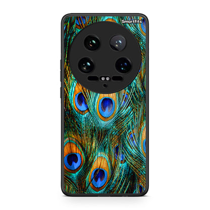 Xiaomi 14 Ultra Real Peacock Feathers θήκη από τη Smartfits με σχέδιο στο πίσω μέρος και μαύρο περίβλημα | Smartphone case with colorful back and black bezels by Smartfits