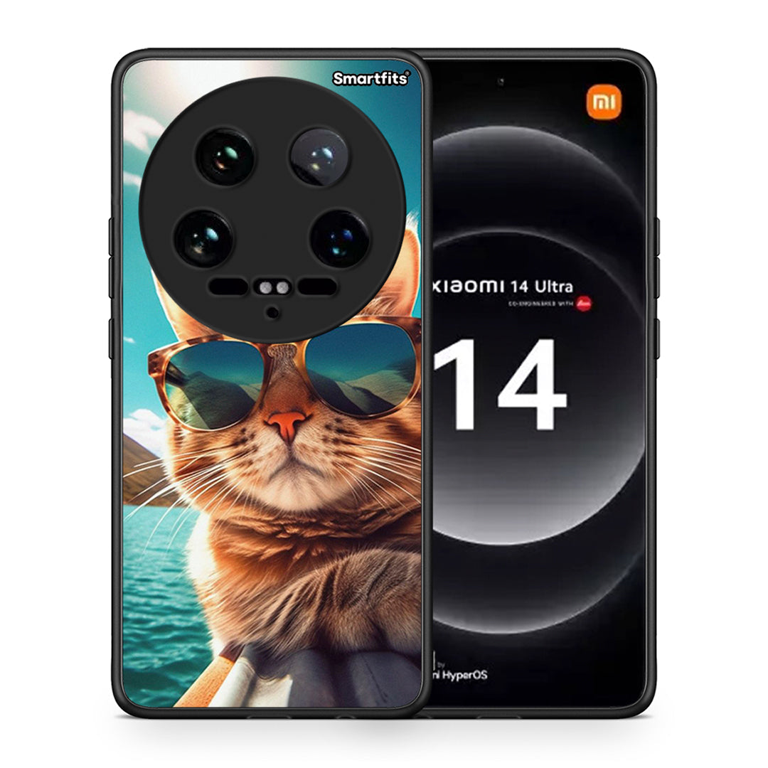 Θήκη Xiaomi 14 Ultra Summer Cat από τη Smartfits με σχέδιο στο πίσω μέρος και μαύρο περίβλημα | Xiaomi 14 Ultra Summer Cat case with colorful back and black bezels