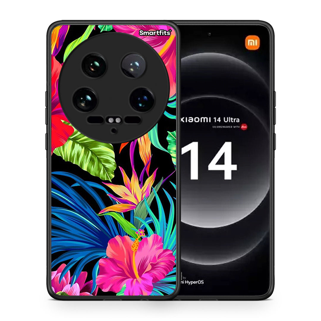 Θήκη Xiaomi 14 Ultra Tropical Flowers από τη Smartfits με σχέδιο στο πίσω μέρος και μαύρο περίβλημα | Xiaomi 14 Ultra Tropical Flowers case with colorful back and black bezels