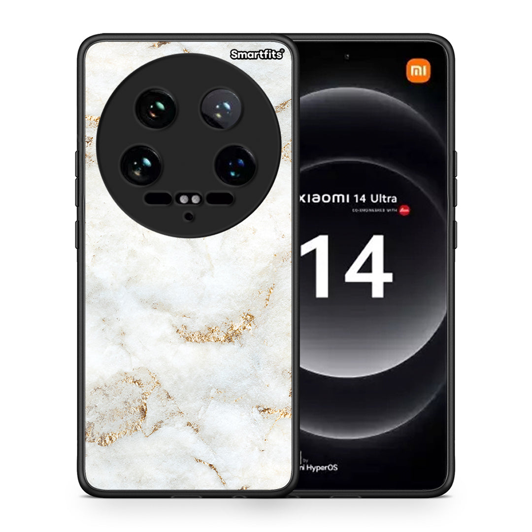 Θήκη Xiaomi 14 Ultra White Gold Marble από τη Smartfits με σχέδιο στο πίσω μέρος και μαύρο περίβλημα | Xiaomi 14 Ultra White Gold Marble case with colorful back and black bezels