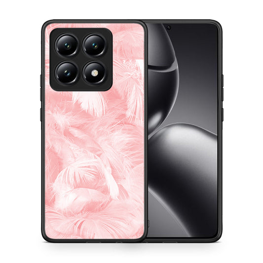 Θήκη Xiaomi 14T Pink Feather Boho από τη Smartfits με σχέδιο στο πίσω μέρος και μαύρο περίβλημα | Xiaomi 14T Pink Feather Boho case with colorful back and black bezels