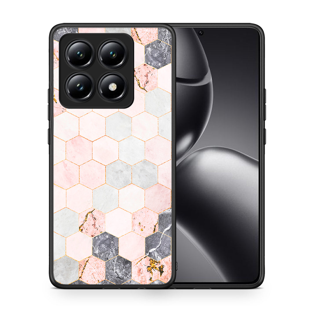 Θήκη Xiaomi 14T Hexagon Pink Marble από τη Smartfits με σχέδιο στο πίσω μέρος και μαύρο περίβλημα | Xiaomi 14T Hexagon Pink Marble case with colorful back and black bezels