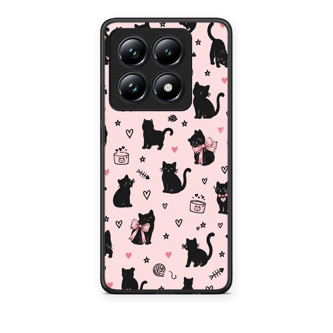 Θήκη Xiaomi 14T Pro Black Cat Doodles on Pink από τη Smartfits με σχέδιο στο πίσω μέρος και μαύρο περίβλημα | Xiaomi 14T Pro Black Cat Doodles on Pink case with colorful back and black bezels