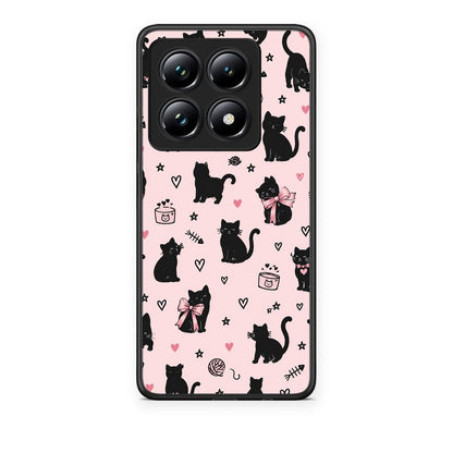 Θήκη Xiaomi 14T Pro Black Cat Doodles on Pink από τη Smartfits με σχέδιο στο πίσω μέρος και μαύρο περίβλημα | Xiaomi 14T Pro Black Cat Doodles on Pink case with colorful back and black bezels