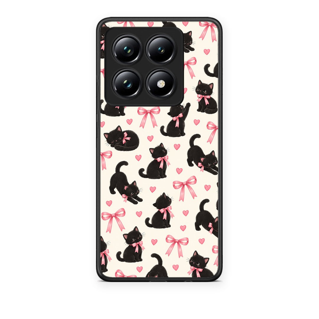 Θήκη Xiaomi 14T Pro Black Kittens and Pink Bows on Cream Small από τη Smartfits με σχέδιο στο πίσω μέρος και μαύρο περίβλημα | Xiaomi 14T Pro Black Kittens and Pink Bows on Cream Small case with colorful back and black bezels