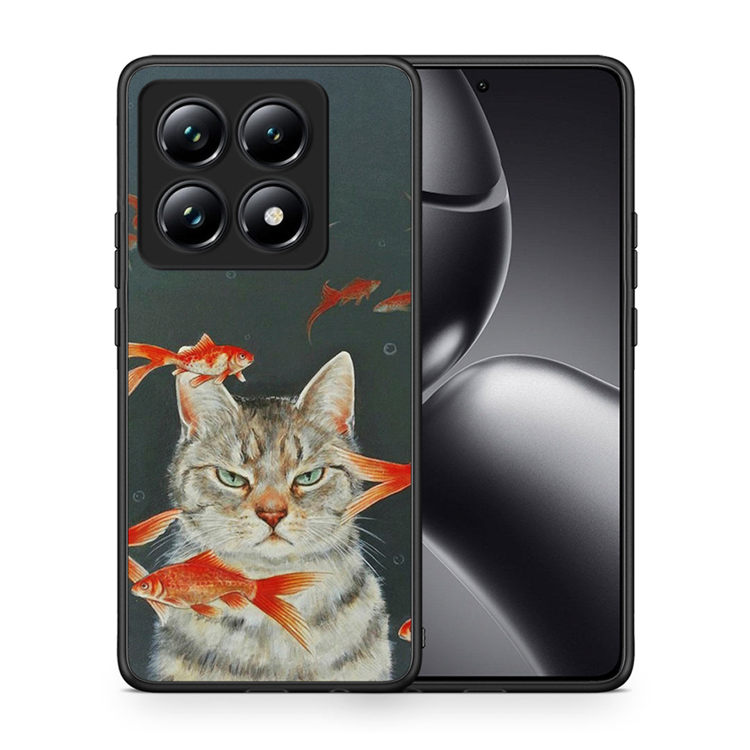 Θήκη Xiaomi 14T Pro Cat Goldfish από τη Smartfits με σχέδιο στο πίσω μέρος και μαύρο περίβλημα | Xiaomi 14T Pro Cat Goldfish case with colorful back and black bezels