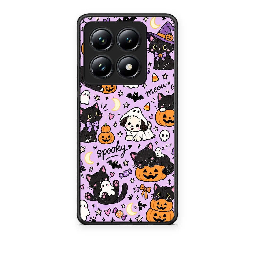 Θήκη Xiaomi 14T Pro Halloween Black Cats on Lilac από τη Smartfits με σχέδιο στο πίσω μέρος και μαύρο περίβλημα | Xiaomi 14T Pro Halloween Black Cats on Lilac case with colorful back and black bezels