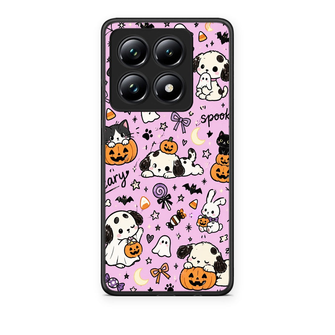Θήκη Xiaomi 14T Pro Halloween Puppies and Friends on Lilac από τη Smartfits με σχέδιο στο πίσω μέρος και μαύρο περίβλημα | Xiaomi 14T Pro Halloween Puppies and Friends on Lilac case with colorful back and black bezels